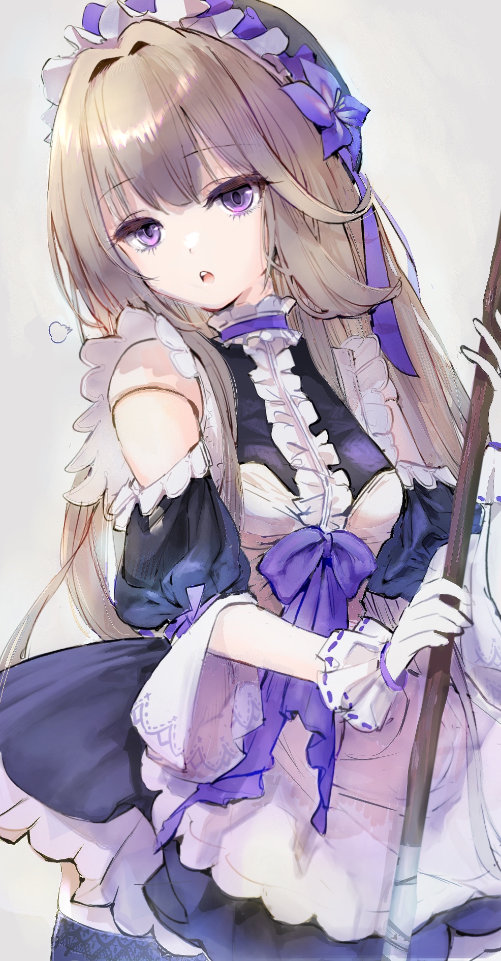 1girl apron breath broom brown_hair clothing_cutout doll doll_joints dress gloves hair_intakes herta_(honkai:_star_rail) highres holding holding_broom honkai:_star_rail honkai_(series) joints long_hair looking_at_viewer maid maid_apron maid_headdress open_mouth purple_dress shoulder_cutout sigh simple_background solo teeth toro_astro upper_body upper_teeth_only violet_eyes white_background white_gloves