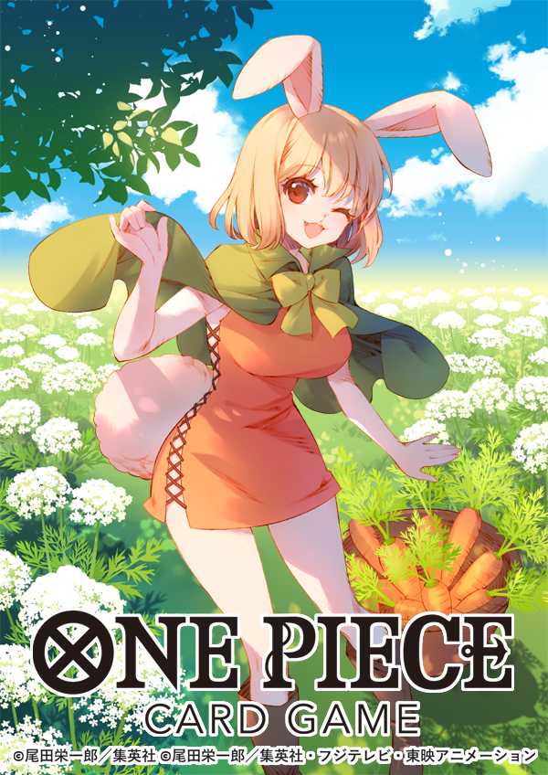 1girl animal_ears blonde_hair carrot carrot_(one_piece) clouds cloudy_sky day english_text food grass leaf looking_at_viewer nature on_grass one_eye_closed one_piece open_mouth outdoors rabbit_ears rabbit_girl rabbit_tail short_hair sky smile solo standing tail usui_rina