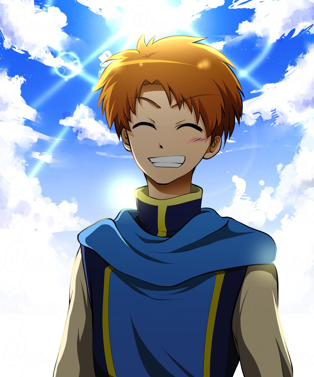 1boy brown_hair clenched_teeth closed_eyes clouds gensou_suikoden gensou_suikoden_i highres male_focus pesca short_hair smile solo ted_(suikoden) teeth
