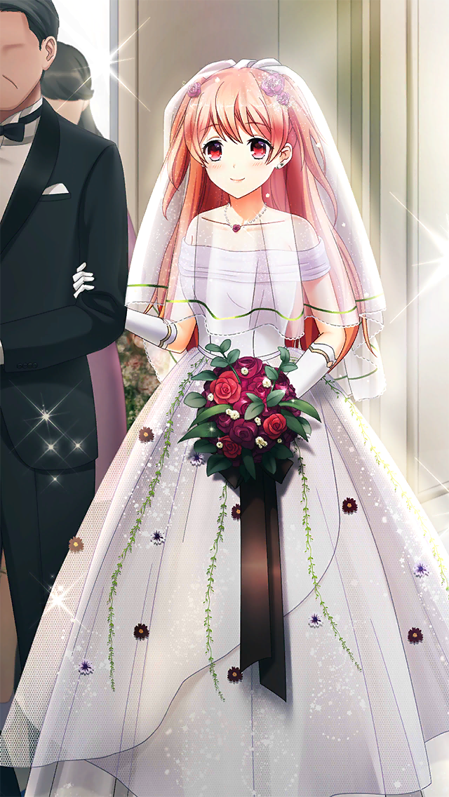 1boy 2girls bouquet bridal_veil closed_mouth collarbone doukyuusei_another_world dress earrings elbow_gloves flower game_cg gloves hair_flower hair_ornament holding holding_bouquet jewelry long_dress long_hair multiple_girls necklace off-shoulder_dress off_shoulder orange_hair purple_flower red_eyes red_flower sendou_airi smile solo_focus veil wedding_dress white_dress white_gloves