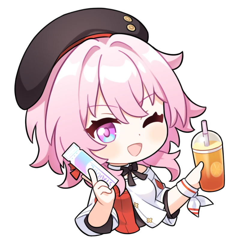 1girl beret black_bow black_headwear blue_eyes blush bow check_commentary chibi commentary_request copyright_name cropped_torso cup detached_collar disposable_cup drink drinking_straw hands_up hat holding holding_drink honkai:_star_rail honkai_(series) jiu_fanglianhua layered_clothes looking_at_viewer march_7th_(honkai:_star_rail) march_7th_(kfc)_(honkai:_star_rail) medium_hair one_eye_closed open_mouth pink_hair smile solo two-tone_eyes violet_eyes