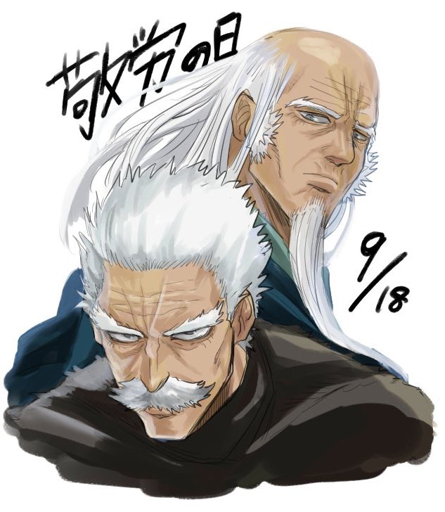 2boys bang_(one-punch_man) black_shirt bombe brothers dated facial_hair long_hair looking_at_viewer male_focus multiple_boys mustache one-punch_man shirt siblings sideburns thick_eyebrows wadanosuke_(waadaa_hmlh) white_hair