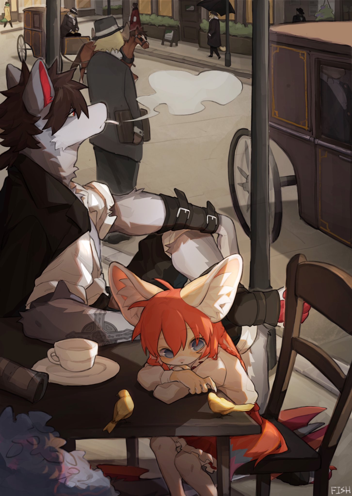 1boy 1girl animal animal_ear_fluff animal_ears animal_feet arm_tattoo artist_name bird blue_eyes body_fur brown_hair carriage chair cigarette claws closed_mouth crossed_arms cup fish7163 fox_ears fox_girl full_body furry furry_female furry_male grey_fur highres horse long_hair long_sleeves looking_to_the_side low_ponytail orange_hair original outdoors plate pleated_skirt red_eyes short_hair short_ponytail sitting skirt smoke smoking table tail tattoo teacup thigh-highs wolf_boy wolf_ears
