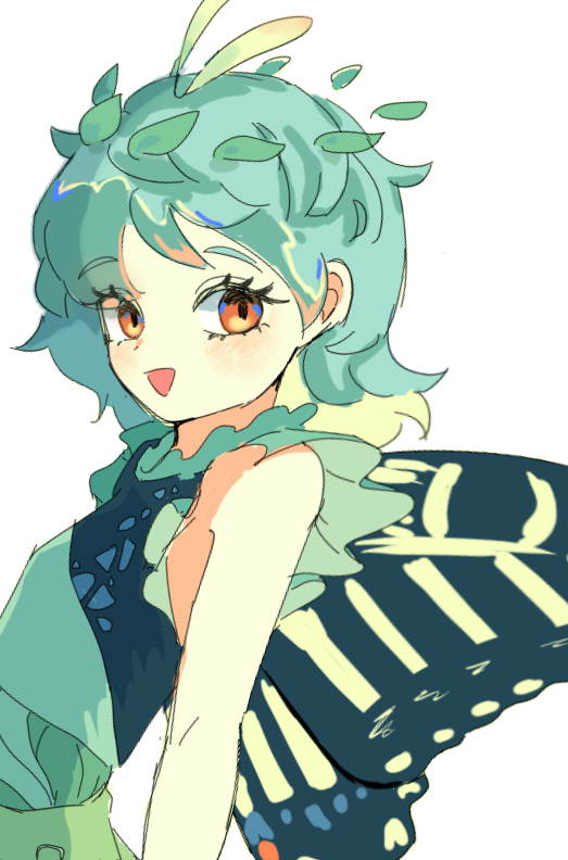 1girl antennae aqua_hair blush butterfly_wings dress eternity_larva fairy flat_chest green_dress leaf leaf_on_head looking_at_viewer multicolored_clothes multicolored_dress open_mouth orange_eyes short_hair short_sleeves simple_background smile solo touco_to touhou upper_body white_background wings