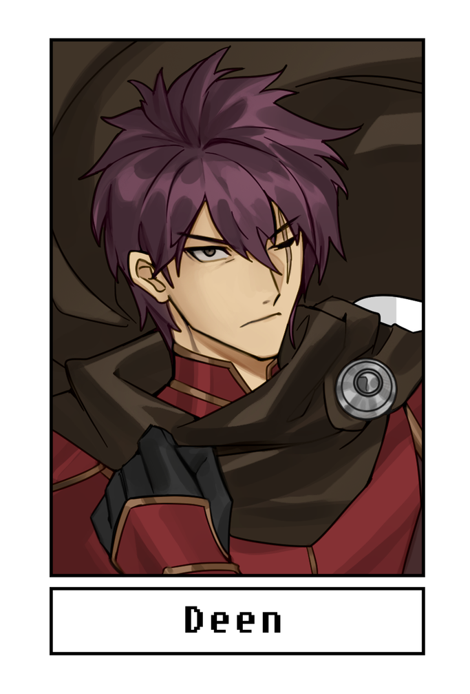 1boy black_cape black_gloves cape character_name clenched_hand close-up deen_(fire_emblem_gaiden) fire_emblem fire_emblem_echoes:_shadows_of_valentia gloves looking_at_viewer one_eye_closed purple_hair red_armor scar scar_on_face short_hair silvercandy_gum solo
