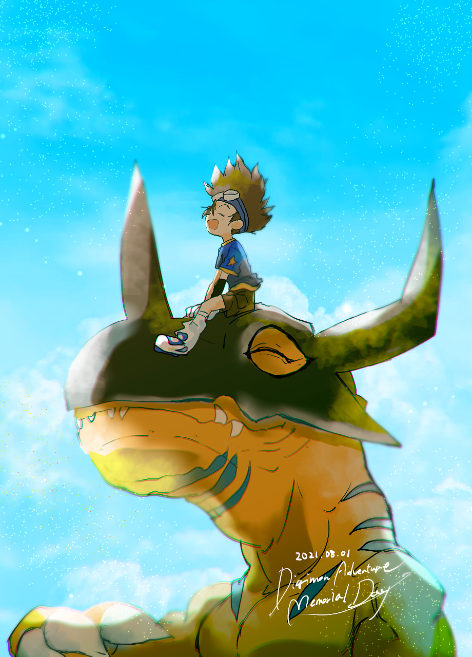 blue_sky brown_hair child claws closed_eyes closed_mouth clouds cloudy_sky dated digimon digimon_(creature) digimon_adventure dreamearth fangs greymon hair_between_eyes happy highres horns open_mouth size_difference sky yagami_taichi