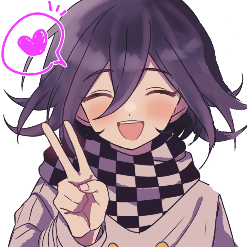 1boy :d black_hair blush buttons checkered_clothes checkered_scarf danganronpa_(series) danganronpa_v3:_killing_harmony double-breasted facing_viewer flipped_hair grey_jacket heart jacket long_sleeves male_focus notice_lines oma_kokichi scarf smile solo spoken_heart teeth upper_teeth_only urami0310