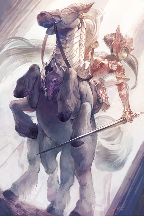 1girl armor aruk barding breasts brown_hair horse lance long_hair original polearm ponytail red_armor small_breasts solo sword weapon
