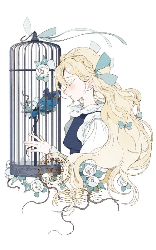 1girl bird birdcage blonde_hair blue_bow blue_vest bluebird blush bow braid cage chinese_commentary closed_eyes closed_mouth collared_dress commentary_request dress flower from_side hair_bow leaf long_hair long_sleeves multiple_hair_bows original plant puffy_long_sleeves puffy_sleeves rose smile solo stamp_mark upper_body very_long_hair vest vines wangububiandelaogong white_background white_dress white_flower white_rose