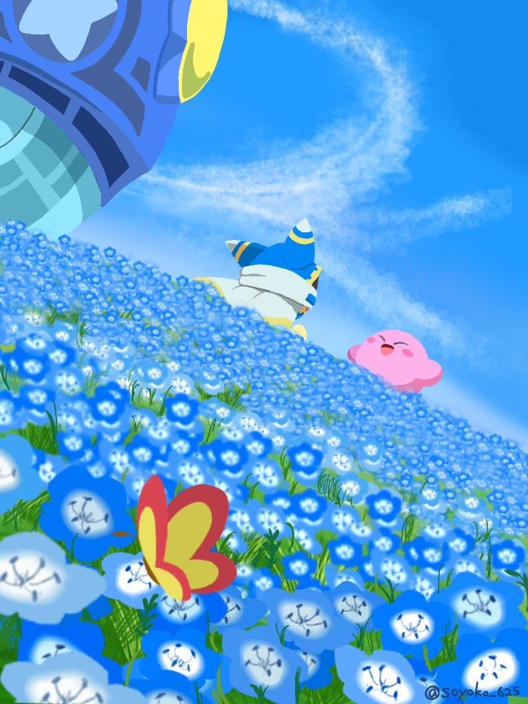 animal_ears belt blue_belt blue_flower blue_hood blue_sky blush_stickers bug butterfly cape closed_eyes clouds colored_skin day disembodied_limb dutch_angle field flower flower_field gear_print gloves kirby kirby_(series) looking_at_another lor_starcutter magolor nemophila_(flower) no_humans open_mouth outdoors pink_skin scarf ship sky smile soyoko spacecraft star_(symbol) star_print twitter_username watercraft white_cape white_scarf yellow_gloves yellow_trim