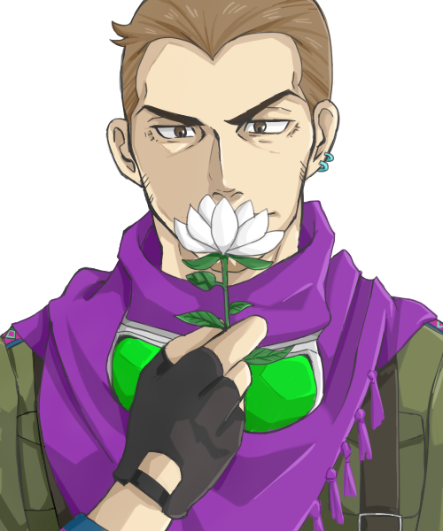 1boy ace_attorney amapoti_(amainu) black_gloves brown_eyes brown_hair datz_are'bal earrings facial_hair fingerless_gloves flower gloves goggles goggles_around_neck holding holding_flower jewelry male_focus phoenix_wright:_ace_attorney_-_spirit_of_justice purple_scarf scarf short_hair solo stubble suspenders upper_body white_background