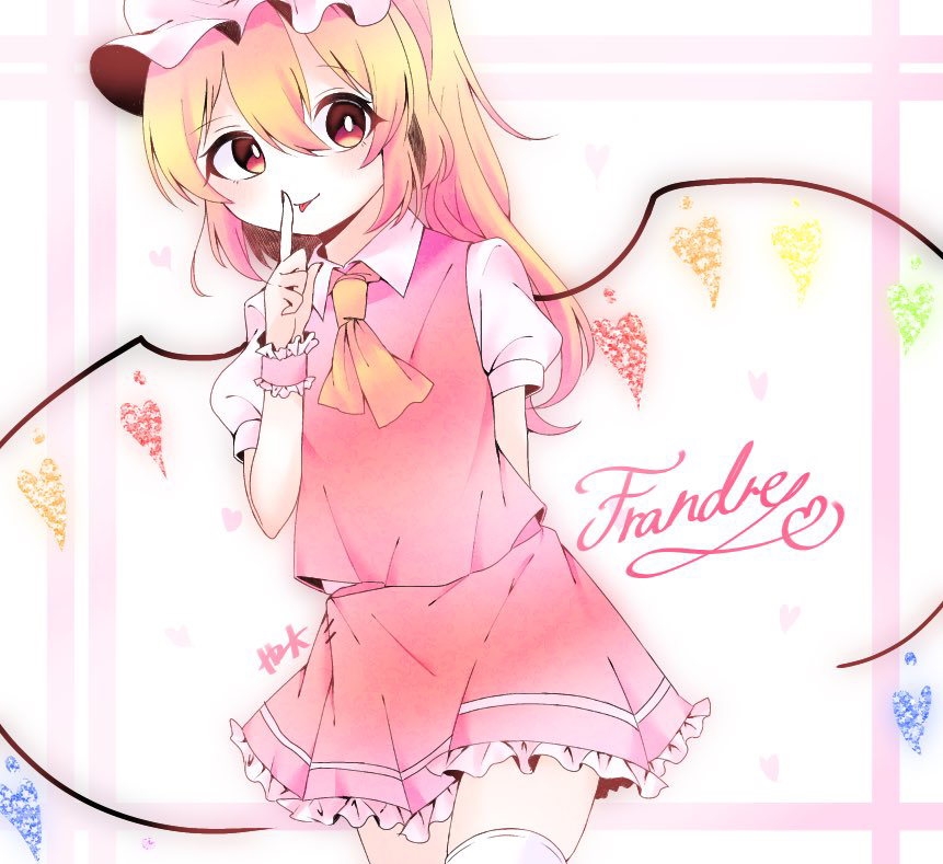 1girl :p alternate_hairstyle alternate_wings arm_behind_back ascot blonde_hair character_name collared_shirt cowboy_shot finger_to_mouth flandre_scarlet frilled_skirt frills hair_between_eyes hat heart heart_wings long_hair mob_cap multicolored_wings pink_background puffy_short_sleeves puffy_sleeves red_eyes red_skirt red_vest shihara_hazuki_816 shirt short_sleeves simple_background skirt solo thigh-highs tongue tongue_out touhou vest white_background white_headwear white_shirt white_thighhighs wings wrist_cuffs yellow_ascot zettai_ryouiki