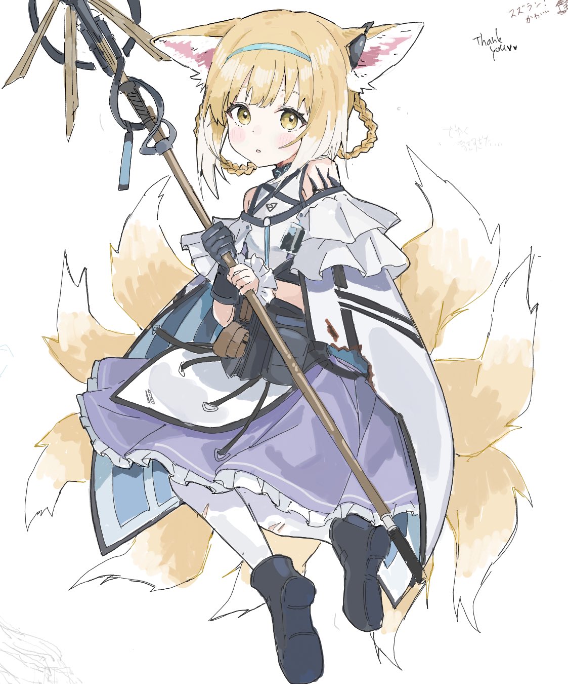 1girl animal_ear_fluff animal_ears arknights bare_shoulders black_collar black_footwear black_gloves blonde_hair blue_hairband blush braid braided_hair_rings clothing_cutout collar colored_tips commentary dress earpiece fox_ears fox_girl fox_tail frilled_dress frilled_sleeves frills full_body gloves hair_rings hairband haruharu_sensei highres holding holding_staff infection_monitor_(arknights) kitsune kyuubi looking_at_viewer multicolored_hair multiple_tails oripathy_lesion_(arknights) pantyhose parted_lips purple_dress shoes short_hair short_sleeves shoulder_cutout simple_background single_glove single_wrist_cuff solo staff suzuran_(arknights) tail torn_clothes torn_pantyhose twin_braids white_background white_hair white_pantyhose wrist_cuffs yellow_eyes