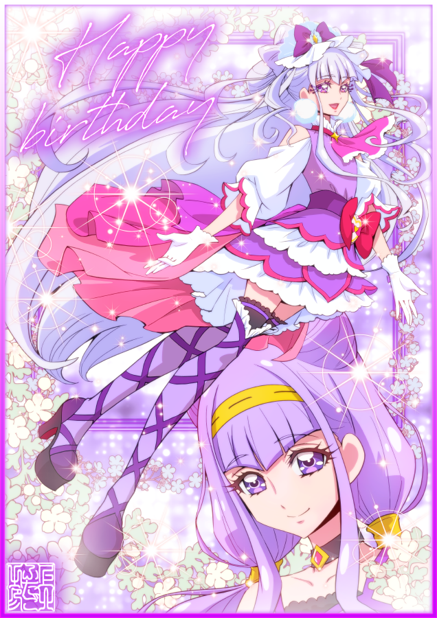 1girl artist_logo ascot bare_shoulders black_choker boots border choker commentary_request cure_amour dress earrings eyelashes flower gloves hair_ornament happy happy_birthday high_heel_boots high_heels hugtto!_precure jewelry kamikita_futago long_hair looking_at_viewer magical_girl pom_pom_(clothes) pom_pom_earrings precure purple_ascot purple_border purple_dress purple_hair purple_theme purple_thighhighs ruru_amour signature smile solo thigh-highs thighs upper_body violet_eyes white_gloves