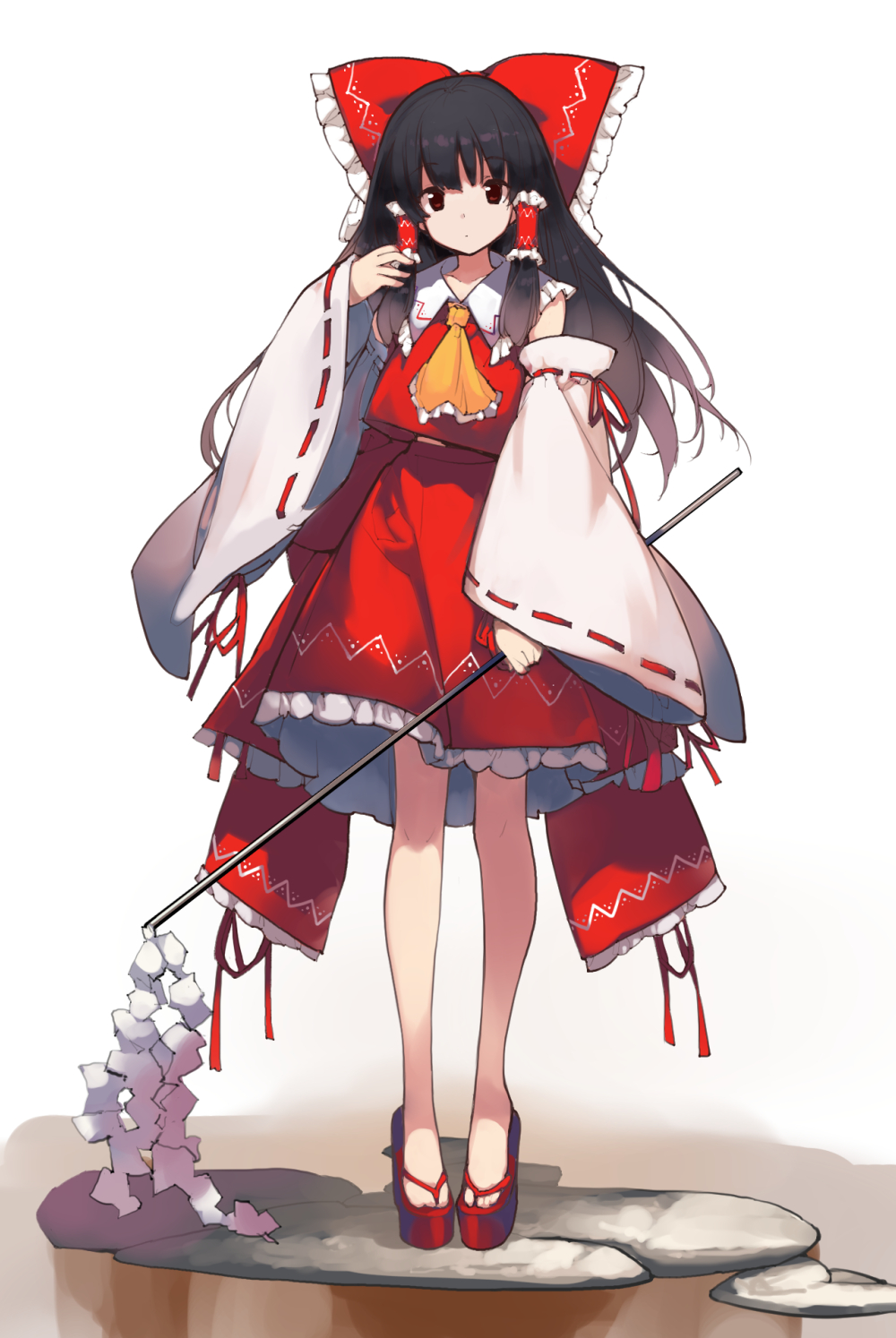 1girl asakura_maru ascot black_hair bow collared_shirt commentary_request detached_sleeves frilled_bow frilled_hair_tubes frilled_shirt_collar frilled_skirt frills gohei hair_bow hair_tubes hakurei_reimu highres long_hair red_bow red_shirt red_skirt red_vest ribbon-trimmed_sleeves ribbon_trim sandals shirt skirt skirt_set sleeveless sleeveless_shirt solo touhou vest white_sleeves wide_sleeves yellow_ascot