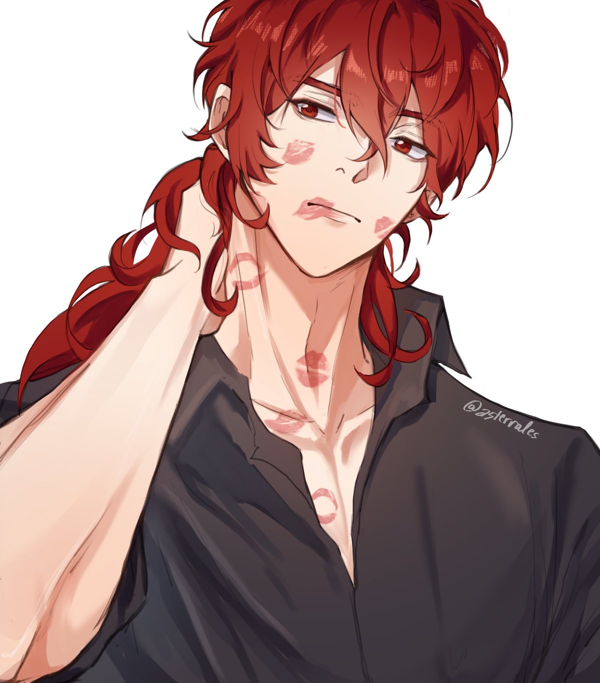 1boy artist_name asterrales black_shirt closed_mouth collarbone collared_shirt diluc_(genshin_impact) genshin_impact hair_between_eyes hand_up highres lipstick_mark long_hair long_sleeves looking_to_the_side male_focus ponytail red_eyes redhead shirt simple_background solo upper_body white_background
