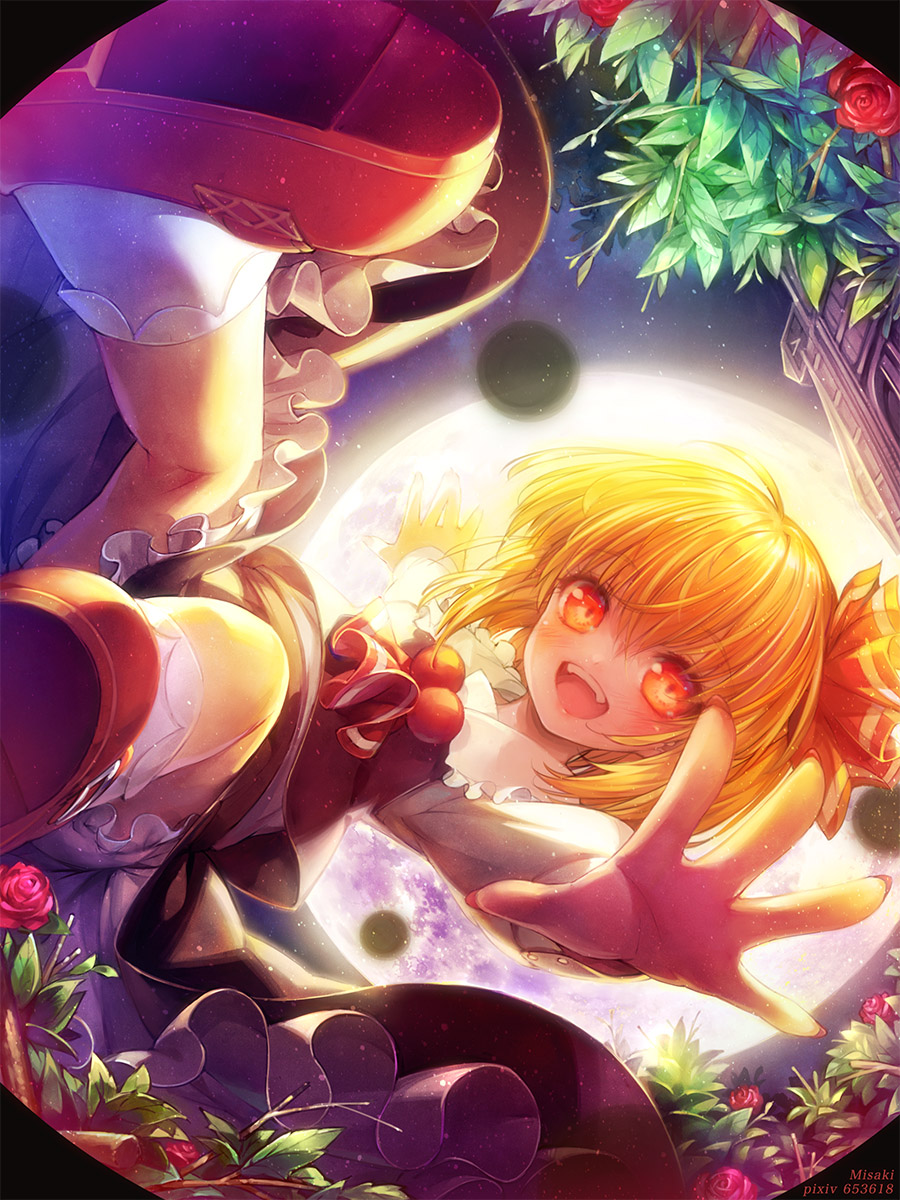 1girl ascot backlighting black_skirt black_vest blonde_hair bloomers collared_shirt flower foreshortening frilled_shirt_collar frills full_body full_moon highres leaf looking_at_viewer misaki_(kyal_001) moon open_mouth outstretched_hand red_ascot red_eyes red_flower red_footwear red_rose rose rumia shirt shoe_soles skirt skirt_set socks solo t-pose teeth touhou underwear upper_teeth_only vest white_bloomers white_socks
