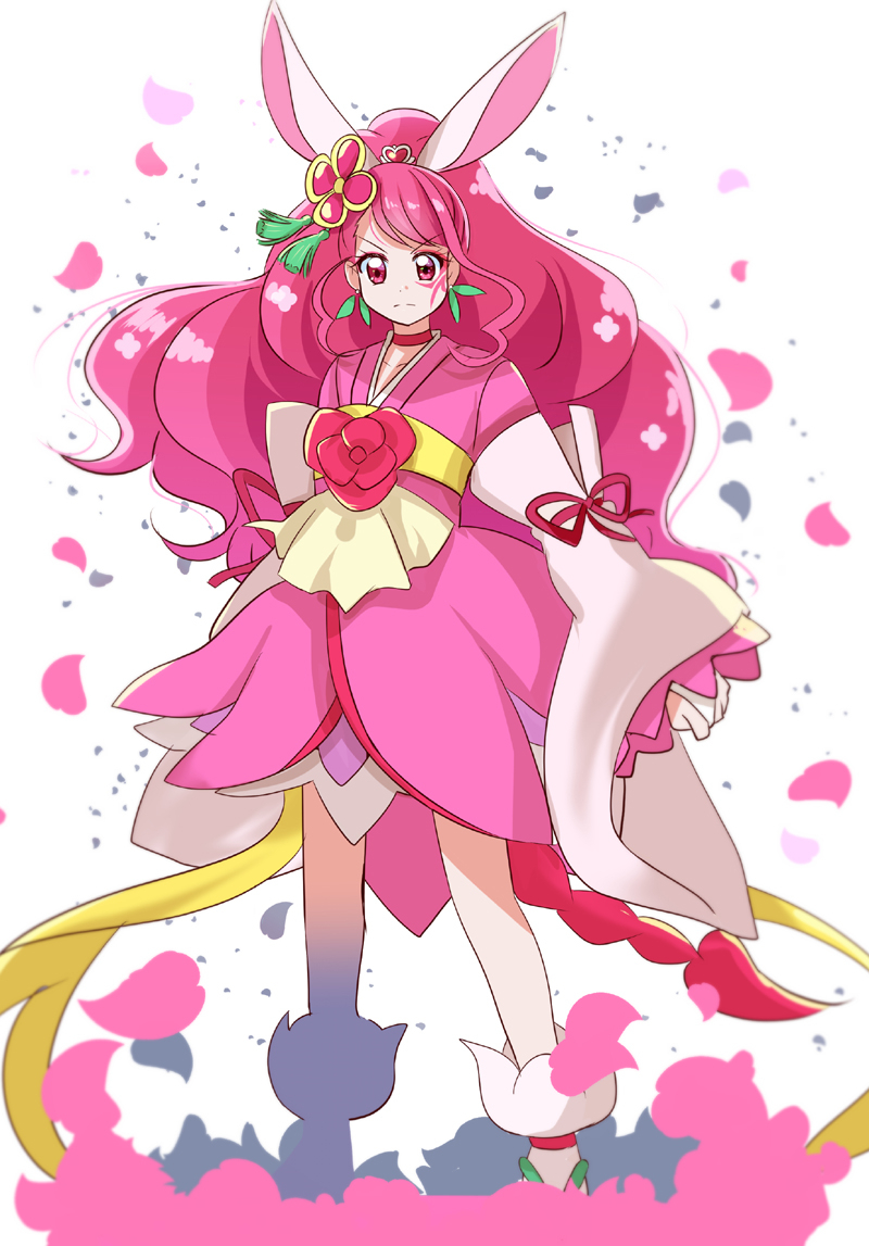 1girl animal_ears back_bow bow choker clenched_hand closed_mouth commentary_request cure_grace cure_grace_(partner_form) dress earrings flower frown full_body gloves hair_flower hair_ornament hanadera_nodoka healin'_good_precure healin'_good_precure:_yume_no_machi_de_kyun!_tto_gogo!_daihenshin!! huge_bow japanese_clothes jewelry kimono kimono_dress leaf_earrings long_hair looking_at_viewer loose_socks magical_girl medium_dress mitumi_mira obi partial_commentary petals pink_eyes pink_flower pink_hair pink_kimono precure rabbit_ears red_choker sash socks solo standing swept_bangs tiara very_long_hair white_background white_bow white_gloves white_socks wide_sleeves