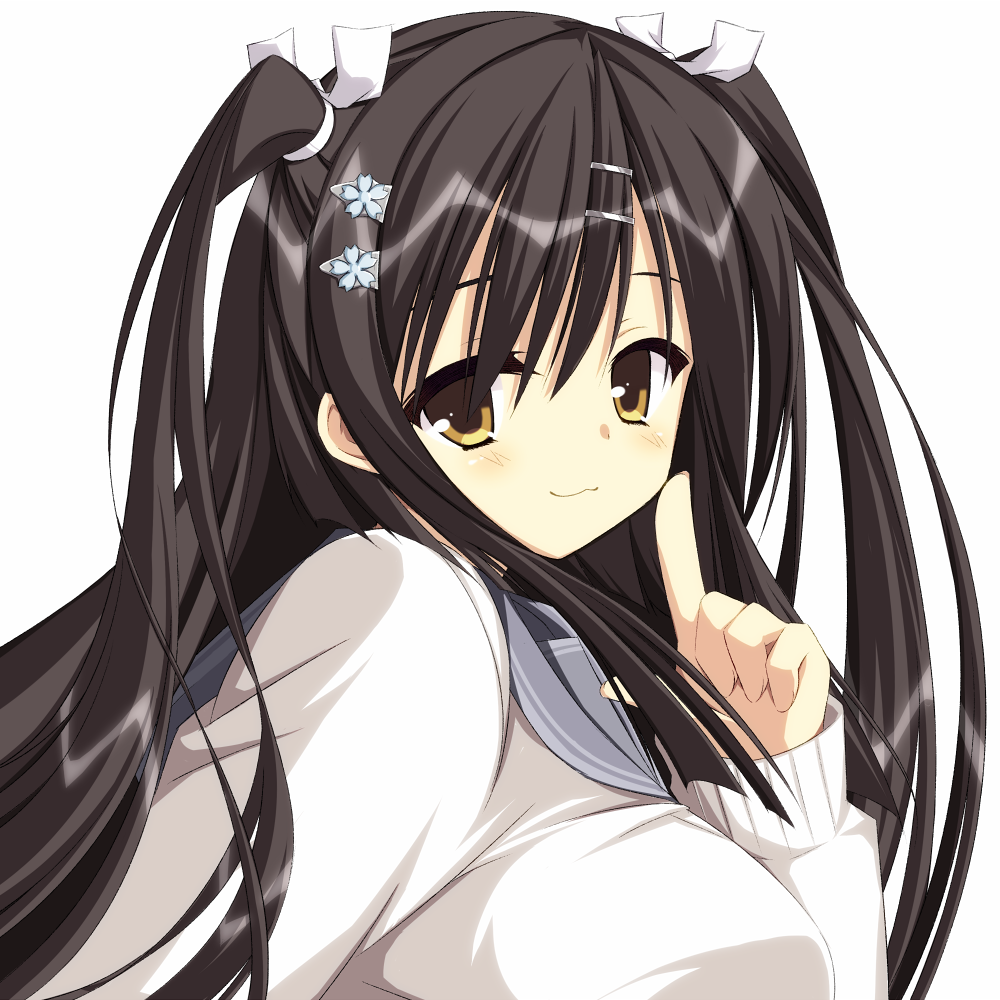 1girl :3 asagi_nanami black_hair blunt_ends blush breasts close-up closed_mouth commentary_request eyebrows_hidden_by_hair eyelashes finger_to_cheek grey_sailor_collar hair_between_eyes hair_ornament hair_ribbon hairclip hand_up index_finger_raised large_breasts long_hair looking_at_viewer ribbon sailor_collar sanoba_witch school_uniform serafuku sidelocks simple_background sleeves_past_wrists smile solo sweater togakushi_touko two_side_up white_background white_ribbon white_sweater yellow_eyes