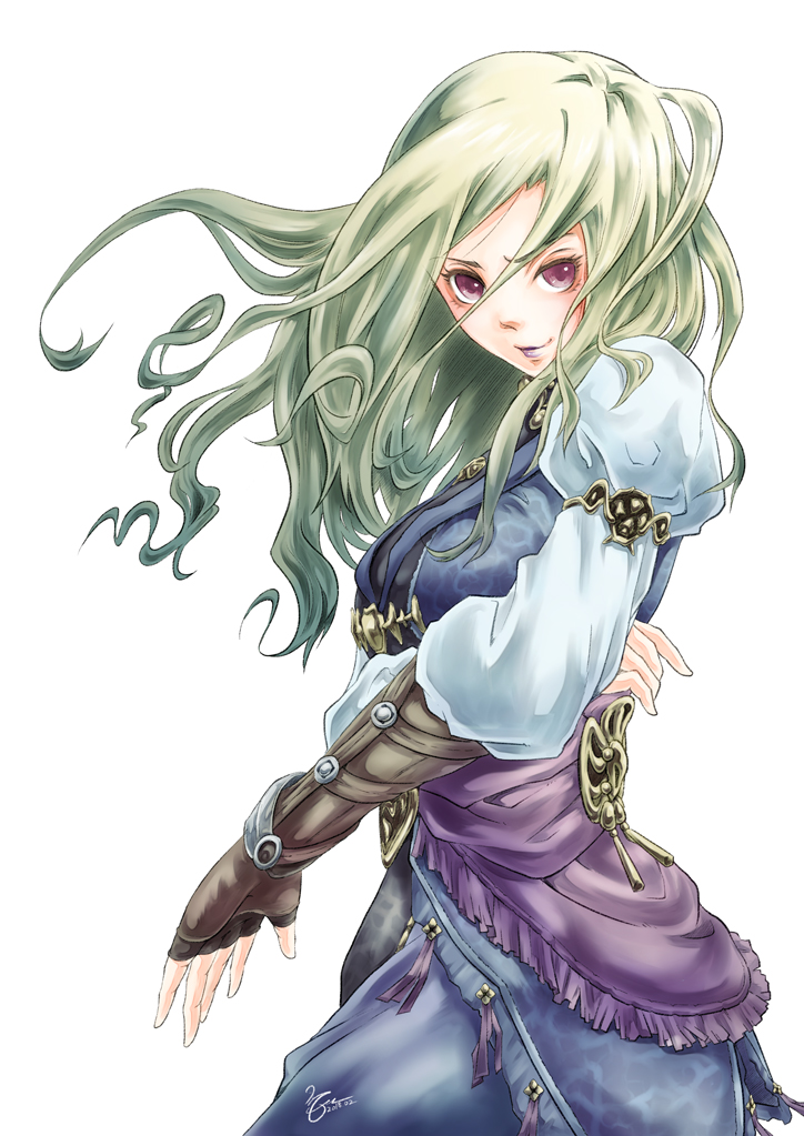 1girl 2018 artist_name blonde_hair blue_mage breasts brown_gloves dated eyelashes final_fantasy final_fantasy_xi fingerless_gloves gloves hume juliet_sleeves long_hair long_sleeves medium_breasts morere nareema pink_eyes puffy_sleeves purple_lips signature simple_background smile solo white_background