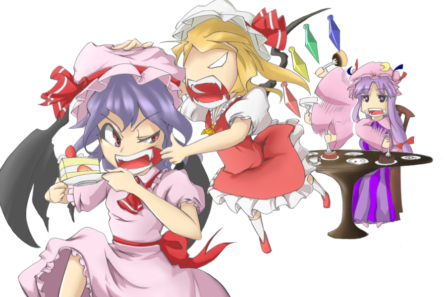 3girls ascot back_bow bat_wings bow cake collared_shirt crescent crescent_hat_ornament crystal dress fangs flandre_scarlet food fork frilled_shirt_collar frilled_skirt frilled_sleeves frills fruit full_body hat hat_ornament hat_ribbon holding holding_fork holding_plate lip_pull long_hair long_sleeves mob_cap multicolored_wings multiple_girls open_mouth patchouli_knowledge pink_dress pink_headwear pink_shirt pink_skirt plate pudding puffy_short_sleeves puffy_sleeves purple_dress purple_hair red_bow red_footwear red_ribbon red_skirt red_vest remilia_scarlet ribbon santa_(kaisou_hikuutei) shirt short_sleeves siblings simple_background sisters skirt socks strawberry strawberry_cake striped striped_dress table teeth touhou v-shaped_eyebrows vertical-striped_dress vertical_stripes very_long_hair vest white_background white_headwear white_shirt white_socks wings wooden_chair wooden_table yellow_ascot