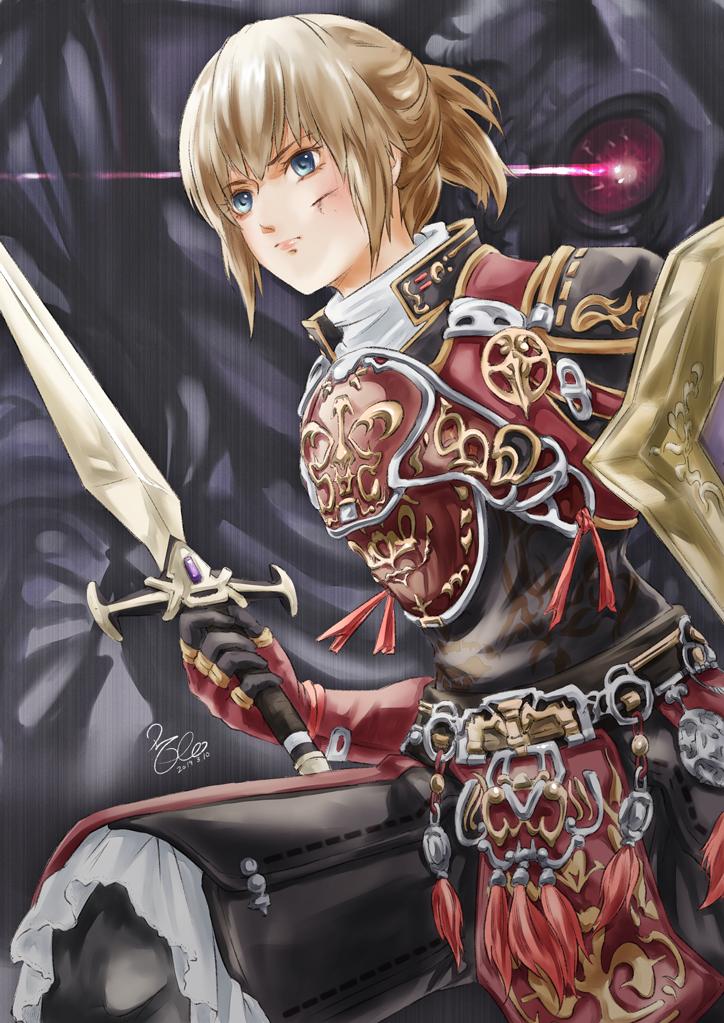 1girl 2019 adventurer_(ff11) armor artist_name breastplate closed_mouth commentary_request dated final_fantasy final_fantasy_xi holding holding_sword holding_weapon hume morere omega_(final_fantasy) pink_lips ponytail red_armor scar scar_on_cheek scar_on_face shield short_hair signature solo sword tassel turtleneck weapon