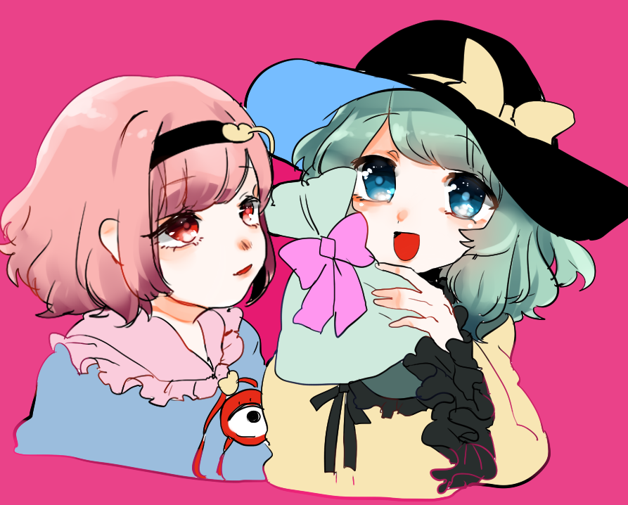 2girls black_bow black_bowtie black_hairband black_headwear blue_eyes blue_shirt bow bowtie buttons collar collared_shirt commentary_request flat_color frilled_shirt_collar frilled_sleeves frills gift gift_bag green_collar green_hair hair_ornament hairband hat hat_bow heart heart_button heart_hair_ornament heart_of_string holding holding_gift komeiji_koishi komeiji_satori long_sleeves looking_at_another medium_hair multiple_girls open_mouth pink_background pink_bow pink_collar pink_eyes pink_hair shirt short_hair siblings sisters smile suzune_hapinesu third_eye touhou upper_body wide_sleeves yellow_bow yellow_shirt