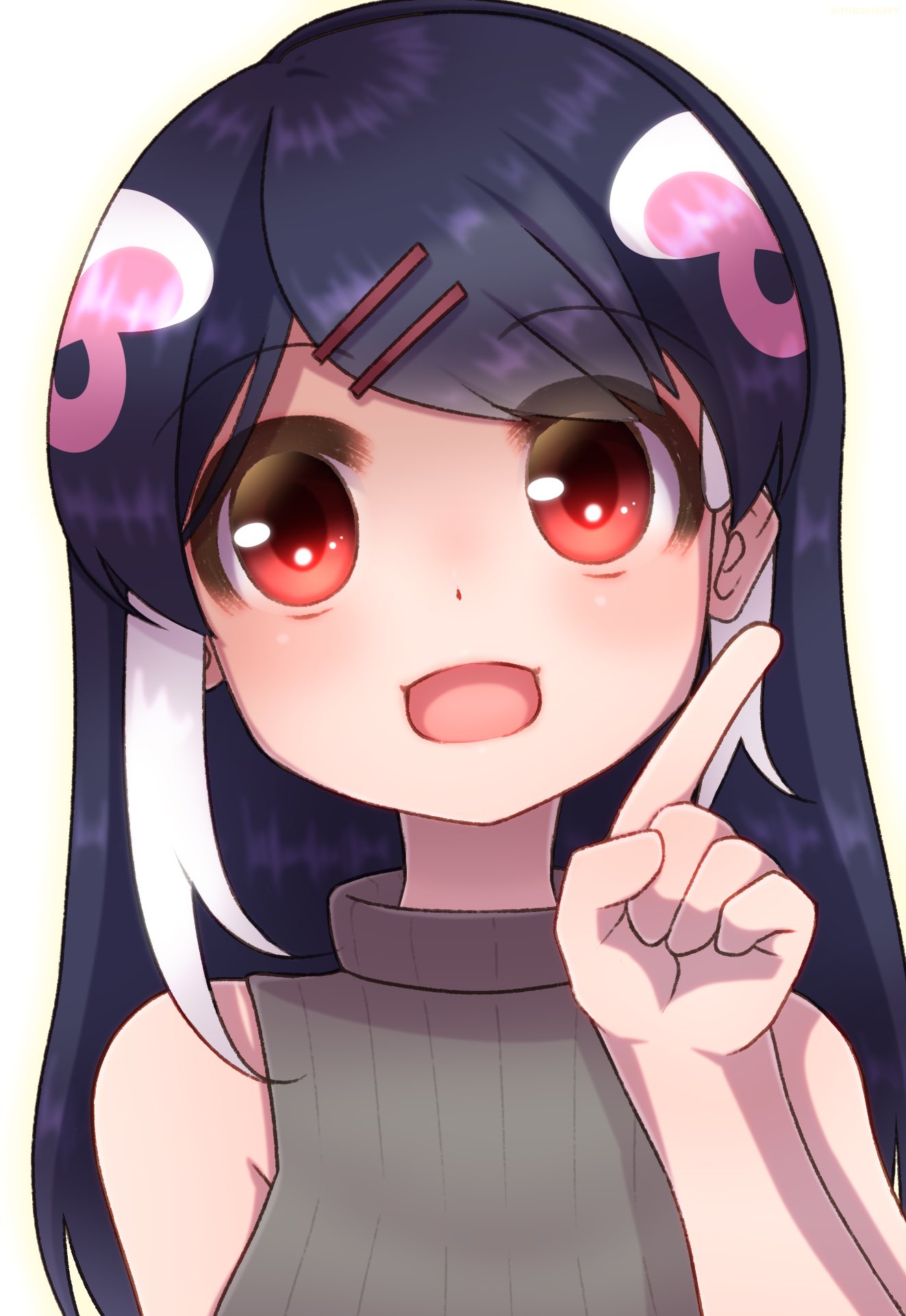 1girl african_penguin_(kemono_friends) bare_shoulders black_hair blush hair_ornament highres hikarikmy kemono_friends kemono_friends_v_project long_hair looking_at_viewer open_mouth penguin_girl pink_hair red_eyes simple_background sleeveless solo straight_hair sweater upper_body virtual_youtuber white_hair
