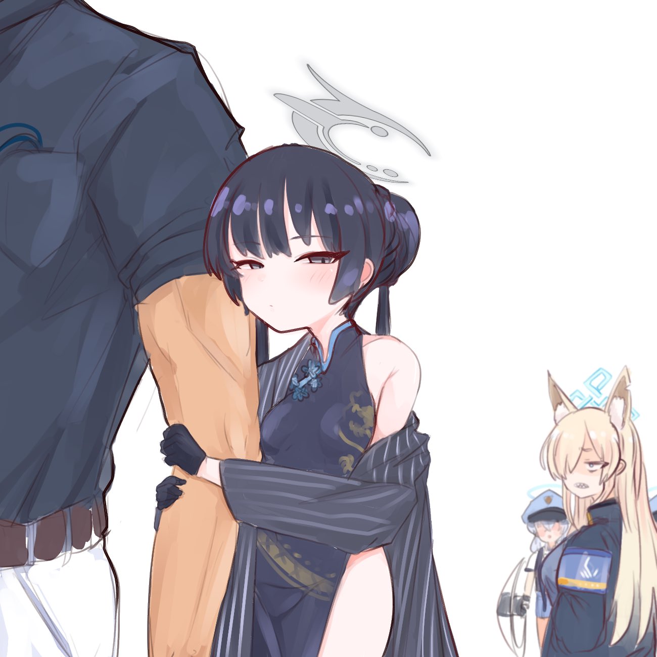 1boy 4girls animal_ears armband blue_archive blue_armband blush china_dress chinese_clothes dog_ears dog_girl dragon_print dress embarrassed hair_bun halo hat highres holding holding_shield kanna_(blue_archive) kisaki_(blue_archive) looking_at_another multiple_girls muscular muscular_male peaked_cap police police_uniform policewoman riot_shield ro_(aahnn) sensei_(blue_archive) shield uniform valkyrie_police_academy_student_(blue_archive) white_background