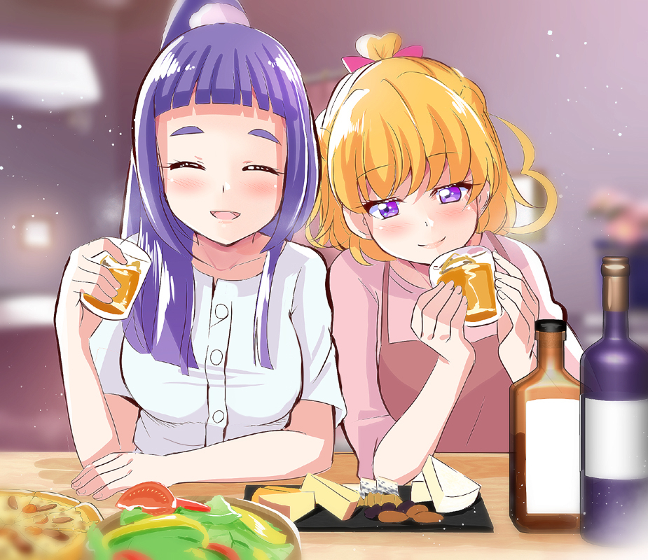 2girls aged_up alcohol asahina_mirai blonde_hair blunt_bangs blurry blurry_background blush bottle brown_dress cheese closed_eyes commentary cup dress drinking_glass drunk food hair_ornament hair_over_shoulder hair_ribbon hair_scrunchie half-closed_eyes holding holding_cup indoors izayoi_liko leaning_on_person leaning_to_the_side long_hair mahou_girls_precure! medium_hair mitumi_mira multiple_girls one_side_up pinafore_dress pink_ribbon pink_shirt pizza ponytail precure purple_hair restaurant ribbon sake_bottle salad scrunchie shirt short_sleeves shot_glass sleeveless sleeveless_dress straight_hair violet_eyes white_scrunchie white_shirt