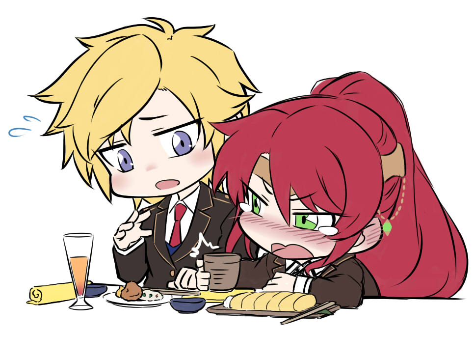 1boy 1girl blonde_hair blue_eyes blush chibi chopsticks circlet commentary_request crying crying_with_eyes_open cup flying_sweatdrops green_eyes hair_between_eyes ishikane_aoi jaune_arc long_hair long_sleeves open_mouth plate ponytail pyrrha_nikos redhead rwby school_uniform simple_background tears tongue white_background
