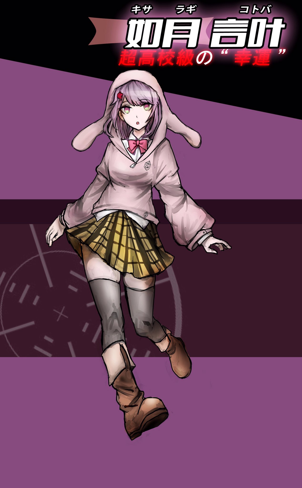 1girl 21scorpii :o animal_ear_hood animal_ears black_thighhighs boots bow bowtie brown_footwear collared_shirt commentary_request crest crosshair danganronpa_(series) full_body green_eyes hair_ornament highres hood hood_up hoodie layered_sleeves long_sleeves looking_at_viewer miniskirt open_mouth original parody pink_background pink_bow pink_bowtie pink_eyes pink_hair pink_hoodie plaid plaid_skirt rabbit_ears school_uniform shirt short_hair skirt solo star_(symbol) star_hair_ornament style_parody thigh-highs two-tone_eyes white_shirt yellow_skirt zettai_ryouiki