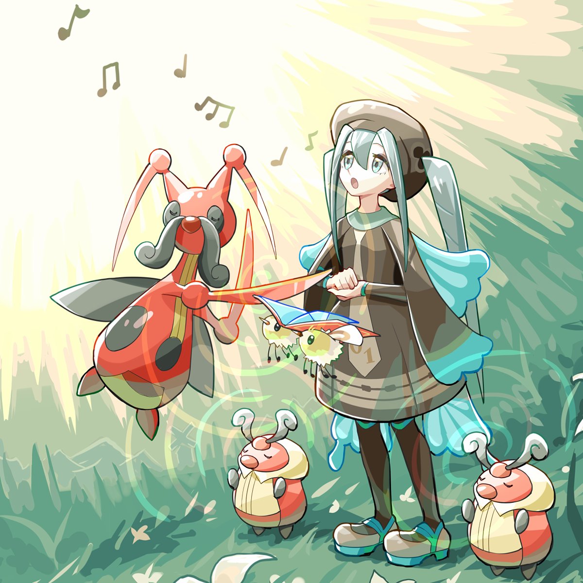 1girl :o brown_dress bug_miku_(project_voltage) commentary_request crossover cutiefly day dress ffccll grass green_eyes green_hair grey_footwear hat highres kricketot kricketune long_sleeves looking_up music musical_note open_mouth outdoors pantyhose pokemon pokemon_(creature) project_voltage shoes singing standing twintails vocaloid