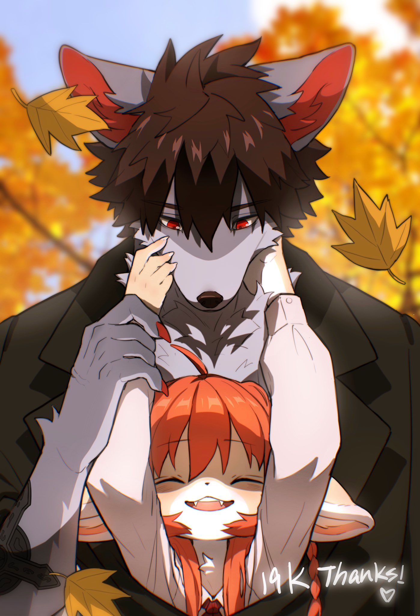 1boy 1girl animal_ears arm_tattoo arms_up autumn autumn_leaves black_jacket blue_sky body_fur brown_hair claws closed_eyes collared_shirt falling_leaves fangs fish7163 fox_ears fox_girl furry furry_female furry_male grey_fur hair_between_eyes hand_up hands_on_another's_cheeks hands_on_another's_face highres holding_another's_arm jacket jacket_on_shoulders leaf long_hair long_sleeves looking_at_another looking_down open_mouth orange_background orange_hair original outdoors shirt short_hair sky tattoo upper_body wolf wolf_boy wolf_ears