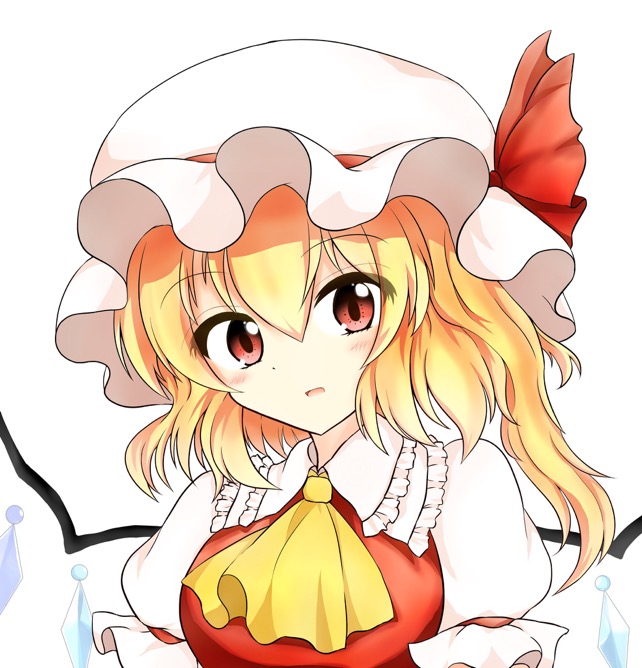 1girl alternate_breast_size ascot breasts collared_shirt crystal flandre_scarlet frilled_shirt_collar frills hair_between_eyes hat hat_ribbon head_tilt koppa_(mgim4428000) looking_at_viewer medium_breasts medium_hair multicolored_wings one_side_up open_mouth puffy_short_sleeves puffy_sleeves red_eyes red_ribbon ribbon shirt short_sleeves simple_background sleeve_ribbon solo touhou upper_body white_background white_headwear white_shirt wings yellow_ascot