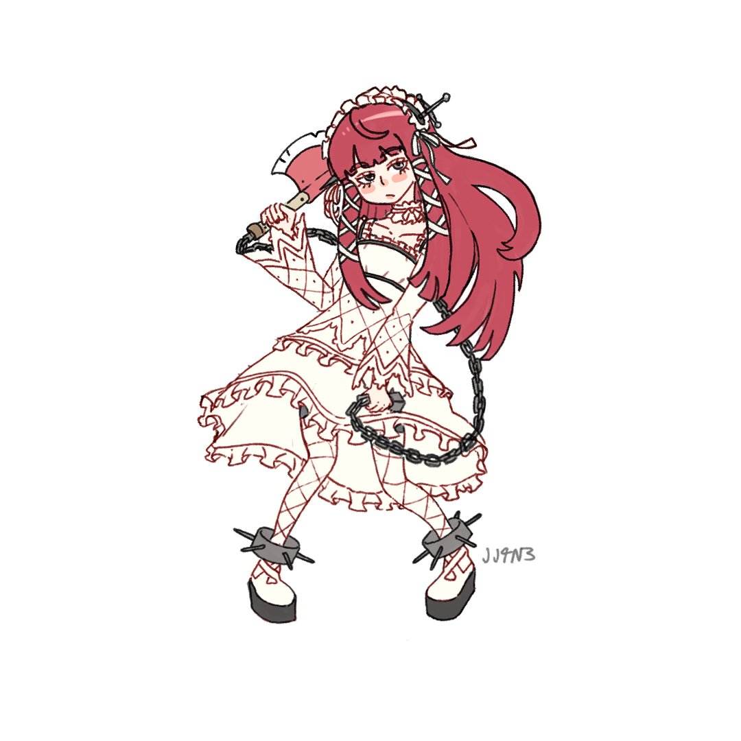 1girl axe blush chain cross_hair_ornament dress hair_ornament hairband jj4n3 lolita_fashion lolita_hairband long_hair persona persona_3 redhead signature simple_background solo spiked_anklet white_background white_dress yoshino_chidori