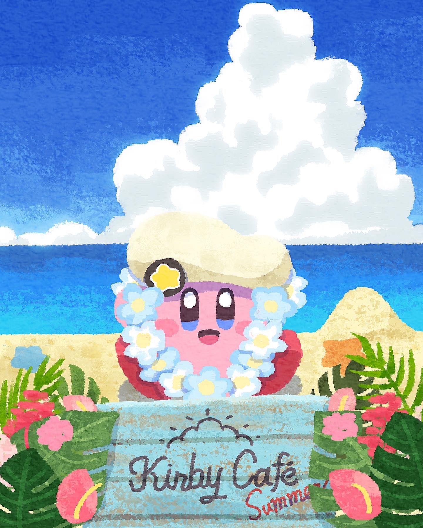 alternate_costume beach blue_eyes blue_flower blue_sky blush_stickers clouds colored_skin commentary english_commentary flower flower_necklace hat hat_ornament highres kirby kirby_(series) kirby_cafe looking_at_viewer miclot no_humans ocean open_mouth palm_leaf pink_flower pink_skin red_footwear sand shoes sign sitting sky smile star_(symbol) star_hat_ornament starfish summer tropical white_headwear