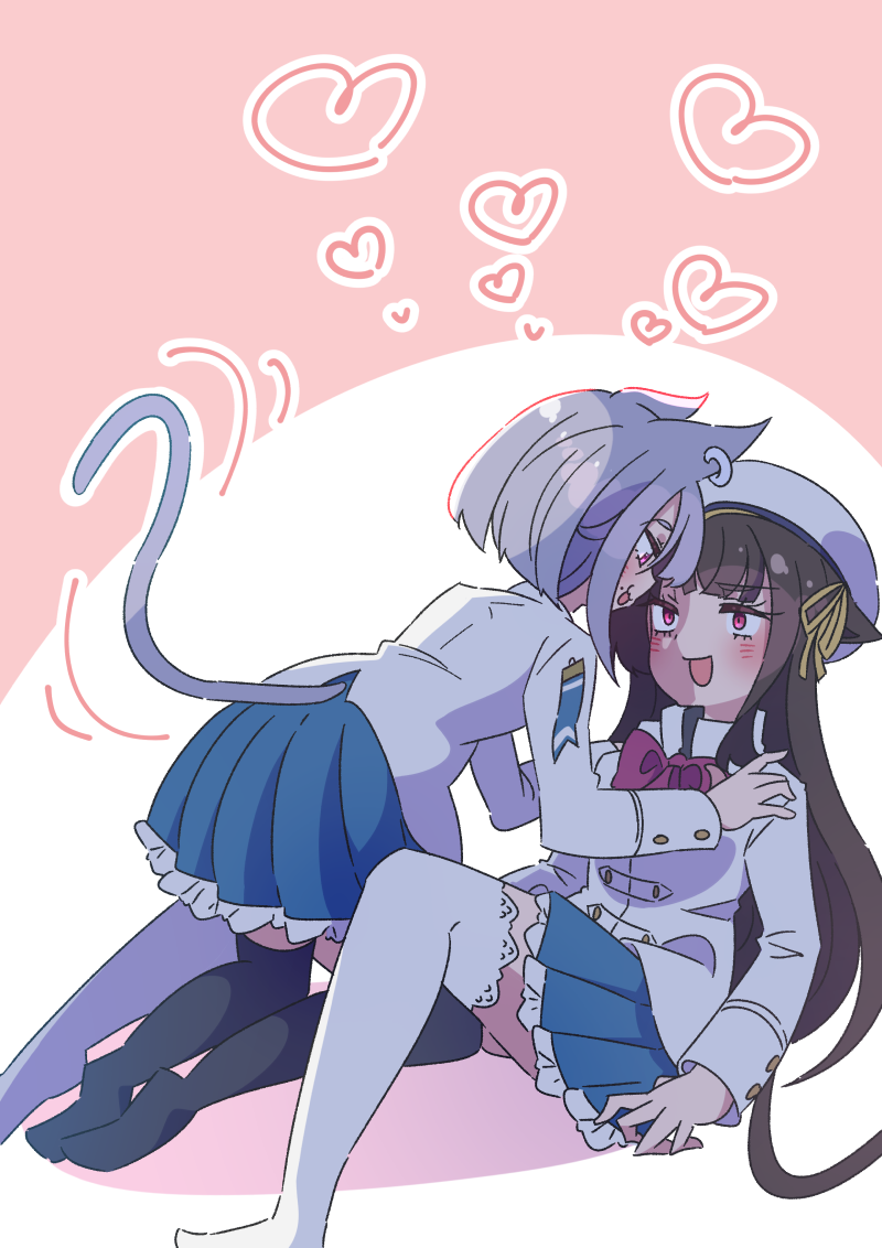 2girls :3 all_fours animal_ears assault_lily beret black_hair black_thighhighs blue_skirt blush bob_cut buttons cat_ears cat_girl cat_tail commentary_request ear_piercing eye_contact face-to-face frilled_skirt frills girl_on_top grey_hair hands_on_another's_shoulders hat hat_ribbon heart herensuge_girls_academy_school_uniform honkawa_works jacket kagawa_makina kemonomimi_mode kneeling knees_up long_hair long_sleeves looking_at_another looking_down looking_up miniskirt mole mole_above_mouth morimoto_yuni motion_lines multiple_girls no_shoes open_mouth parted_lips piercing pink_background pink_eyes pleated_skirt profile ribbon school_uniform short_hair sitting skirt smile soles tail tail_raised tail_wagging thigh-highs two-tone_background very_long_hair white_background white_headwear white_jacket white_thighhighs yellow_ribbon yuri zettai_ryouiki