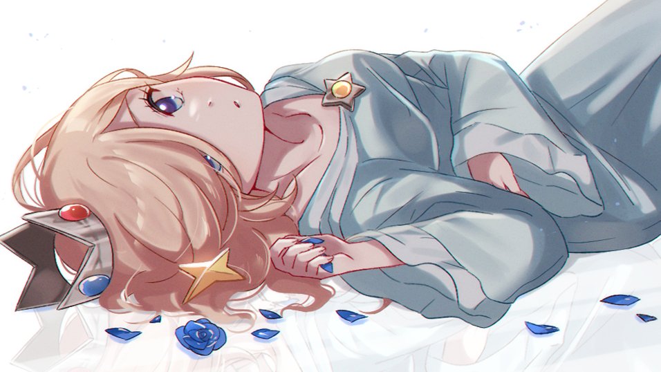 1girl blonde_hair blue_dress blue_eyes blue_flower blue_rose brooch collarbone crown dress flower hair_over_one_eye jewelry long_hair long_sleeves looking_at_viewer lying on_back oxo_xwo parted_lips petals reflection reflective_floor rosalina rose solo star_brooch super_mario_bros. white_background