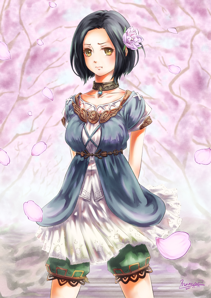 1girl 2020 :t adventurer_(ff11) arms_behind_back artist_name black_choker black_hair breasts cherry_blossoms choker closed_mouth collarbone dated falling_petals final_fantasy final_fantasy_xi flower frown green_shorts hair_flower hair_ornament hume legs_apart medium_breasts morere petals purple_flower short_hair shorts signature solo standing yellow_eyes