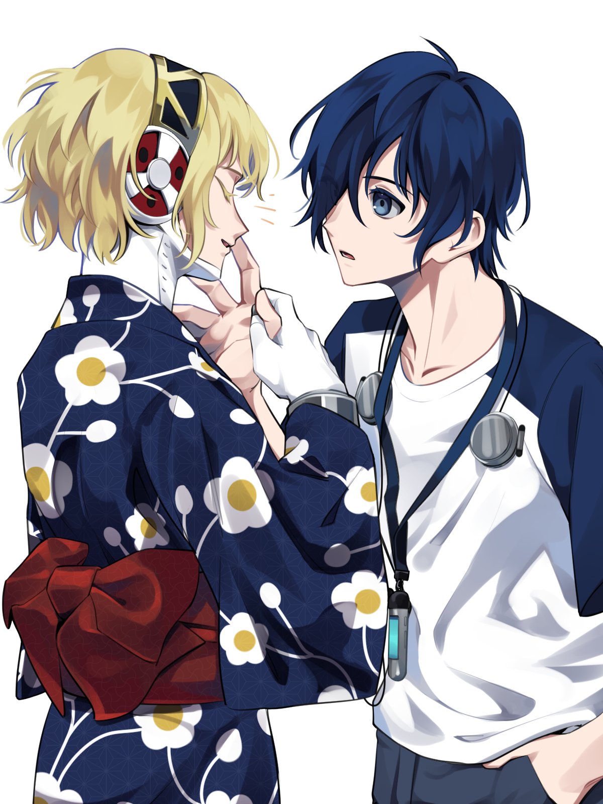 1boy 1girl aegis_(persona) alternate_costume android blonde_hair blue_eyes blue_hair blue_kimono blue_pants closed_eyes elulit2 floral_print hair_over_one_eye hairband hand_in_pocket hand_on_another's_face highres holding_hands japanese_clothes kimono looking_at_another obi one_eye_covered pants persona persona_3 pocket print_kimono raglan_sleeves robot_ears sash shirt short_hair short_sleeves simple_background smile white_background white_shirt wide_sleeves yukata yuuki_makoto