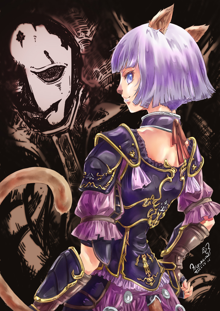 1girl 2020 adventurer_(ff11) animal_ears artist_name blue_eyes blunt_bangs brown_tail cat_ears cat_girl cat_tail closed_mouth dated facial_mark final_fantasy final_fantasy_xi fingerless_gloves gloves gold_trim hand_on_own_hip light_purple_hair mithra_(ff11) morere purple_gloves purple_lips red_ribbon ribbon short_hair signature smile solo tail tail_raised whisker_markings