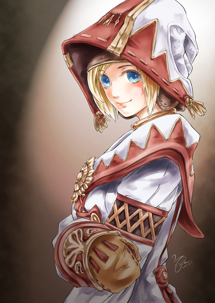 1girl 2019 adventurer_(ff11) artist_name blonde_hair blue_eyes brown_mittens closed_mouth dated final_fantasy final_fantasy_xi hand_on_own_arm hat hume long_sleeves looking_at_viewer mittens morere pink_lips red_headwear red_robe robe short_hair signature smile solo two-tone_headwear two-tone_robe white_headwear white_mage white_robe