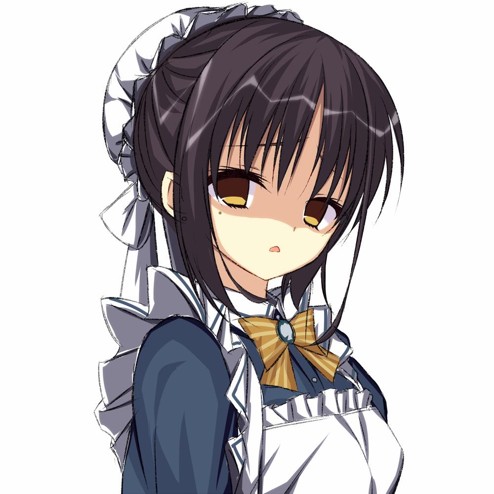 1girl apron asagi_nanami black_hair blue_dress bow cafe_stella_to_shinigami_no_chou close-up commentary disgust dress earrings empty_eyes eyebrows_hidden_by_hair eyelashes frilled_apron frills frown furrowed_brow hair_between_eyes hair_bun jewelry looking_at_viewer maid maid_apron medium_hair mole mole_under_eye open_mouth orange_bow pinstripe_bow shaded_face shiki_natsume simple_background single_hair_bun solo stud_earrings white_apron white_background yellow_eyes