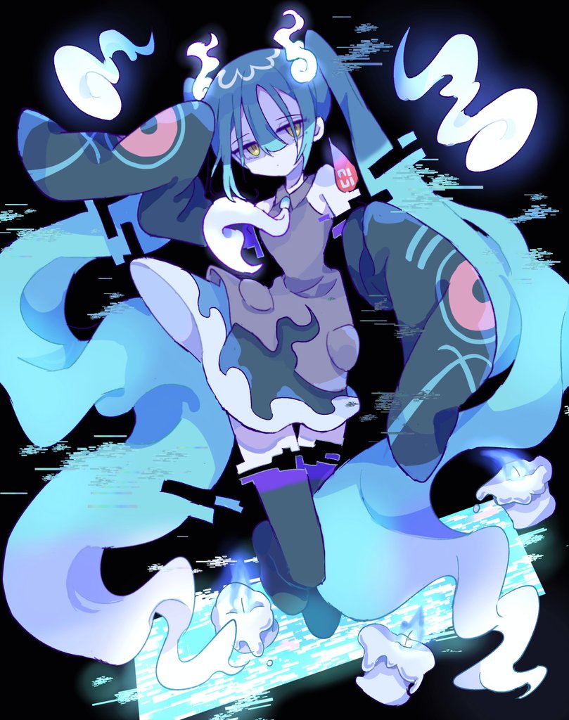 1girl aqua_hair bare_shoulders floating futaba969649 ghost ghost_miku_(project_voltage) glitch grey_shirt hair_between_eyes hatsune_miku long_hair looking_at_viewer necktie pale_skin pokemon project_voltage shirt skirt sleeves_past_fingers sleeves_past_wrists twintails very_long_hair vocaloid will-o'-the-wisp_(mythology) yellow_eyes