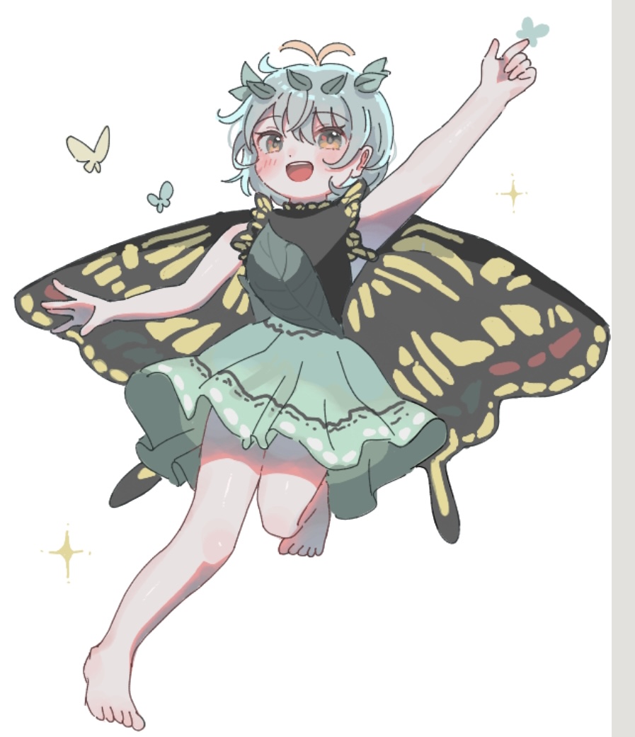 1girl animal antennae aqua_hair arm_up barefoot blush bug butterfly butterfly_wings dress eternity_larva fairy green_dress hair_between_eyes leaf leaf_on_head multicolored_clothes multicolored_dress open_mouth orange_eyes short_hair short_sleeves simple_background smile solo stella_(pokopokobanana) touhou white_background wings