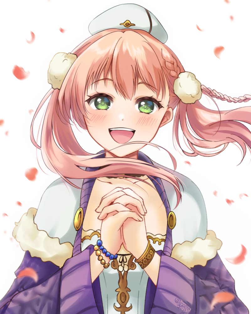 1girl :d atelier_(series) atelier_escha_&amp;_logy blush bracelet braid capelet commentary_request escha_malier fur-trimmed_capelet fur_trim green_eyes hands_up hat interlocked_fingers jacket jewelry long_hair long_sleeves looking_at_viewer open_mouth own_hands_together petals pink_hair purple_jacket shirt smile snowstar solo teeth twintails upper_body upper_teeth_only white_background white_capelet white_headwear white_shirt wind