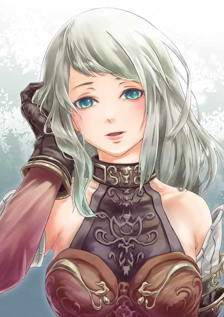 1girl adjusting_hair arciela_v_adoulin bare_shoulders black_gloves blue_eyes breasts detached_sleeves final_fantasy final_fantasy_xi gloves grey_hair hume long_hair long_sleeves looking_at_viewer medium_breasts morere open_mouth pink_lips pink_sleeves solo swept_bangs upper_body