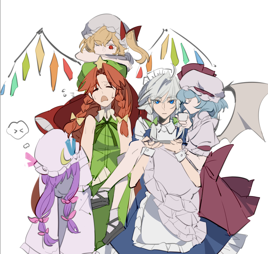 &gt;_&lt; 5girls apron aqua_hair aqua_ribbon bat_wings beret blonde_hair blue_eyes blue_skirt blue_vest bow braid china_dress chinese_clothes closed_eyes collared_dress collared_shirt cowboy_shot crescent crescent_hat_ornament crystal_wings dress expressionless flandre_scarlet frilled_apron frilled_dress frilled_headwear frilled_skirt frilled_sleeves frills green_bow green_dress green_headwear green_ribbon green_skirt green_vest grey_hair hair_between_eyes hair_bow hat hat_ornament holding holding_plate hong_meiling izayoi_sakuya long_hair long_sleeves looking_at_another looking_at_viewer maid_headdress mob_cap multiple_girls neck_ribbon open_mouth pants patchouli_knowledge pink_bow pink_ribbon plate puffy_short_sleeves puffy_sleeves purple_hair red_bow red_eyes red_ribbon redhead remilia_scarlet ribbon ribbon-trimmed_headwear ribbon-trimmed_sleeves ribbon_trim shirt short_sleeves side_ponytail simple_background skirt skirt_set speech_bubble star_(symbol) star_hat_ornament sweatdrop touhou twin_braids vest waist_bow white_apron white_background white_headwear white_pants white_shirt wide_sleeves wings xian_qishui yellow_bow