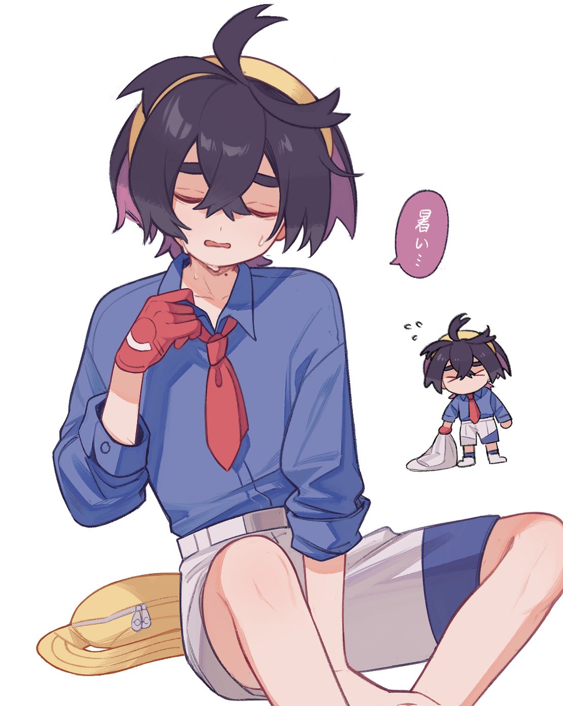 1boy arm_support bag_removed belt belt_buckle blue_shirt buckle closed_eyes collared_shirt commentary_request crossed_bangs facing_viewer flying_sweatdrops gloves hair_between_eyes hairband highres kashima_momoki kieran_(pokemon) male_focus mole mole_on_neck multiple_views pokemon pokemon_(game) pokemon_sv red_gloves shirt shirt_tug shorts sitting speech_bubble sweat translation_request yellow_bag yellow_hairband zipper_pull_tab